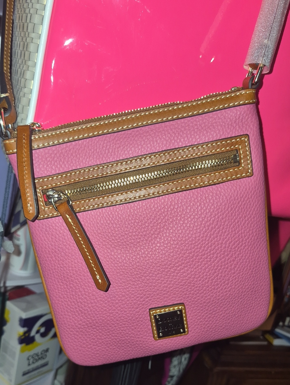Dooney & Bourke Pink Pebble Leather Crossbody with Tan Trim
